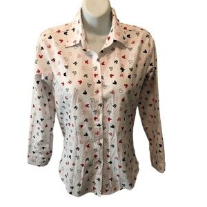 All-Over Mouse Ears Printed Button Down Cotton Blouse XS White 3/4 Sleeve